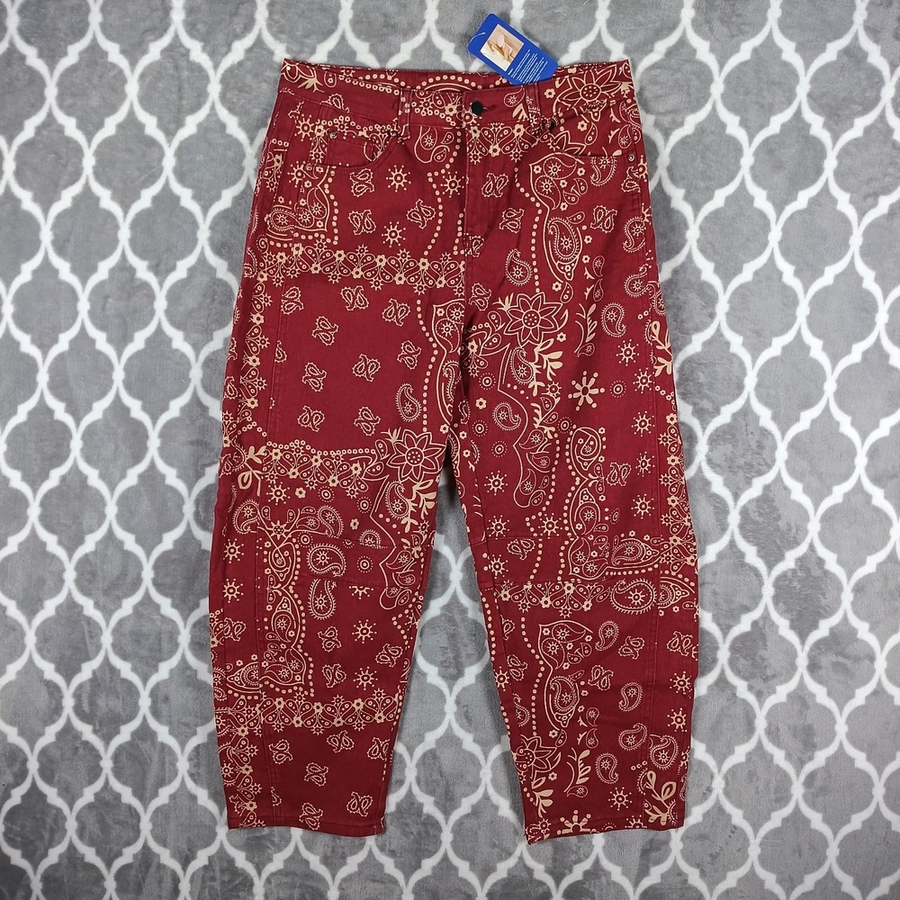 Barrel Leg Jeans Women Size Large Red Rust Bandana Print Western Boho